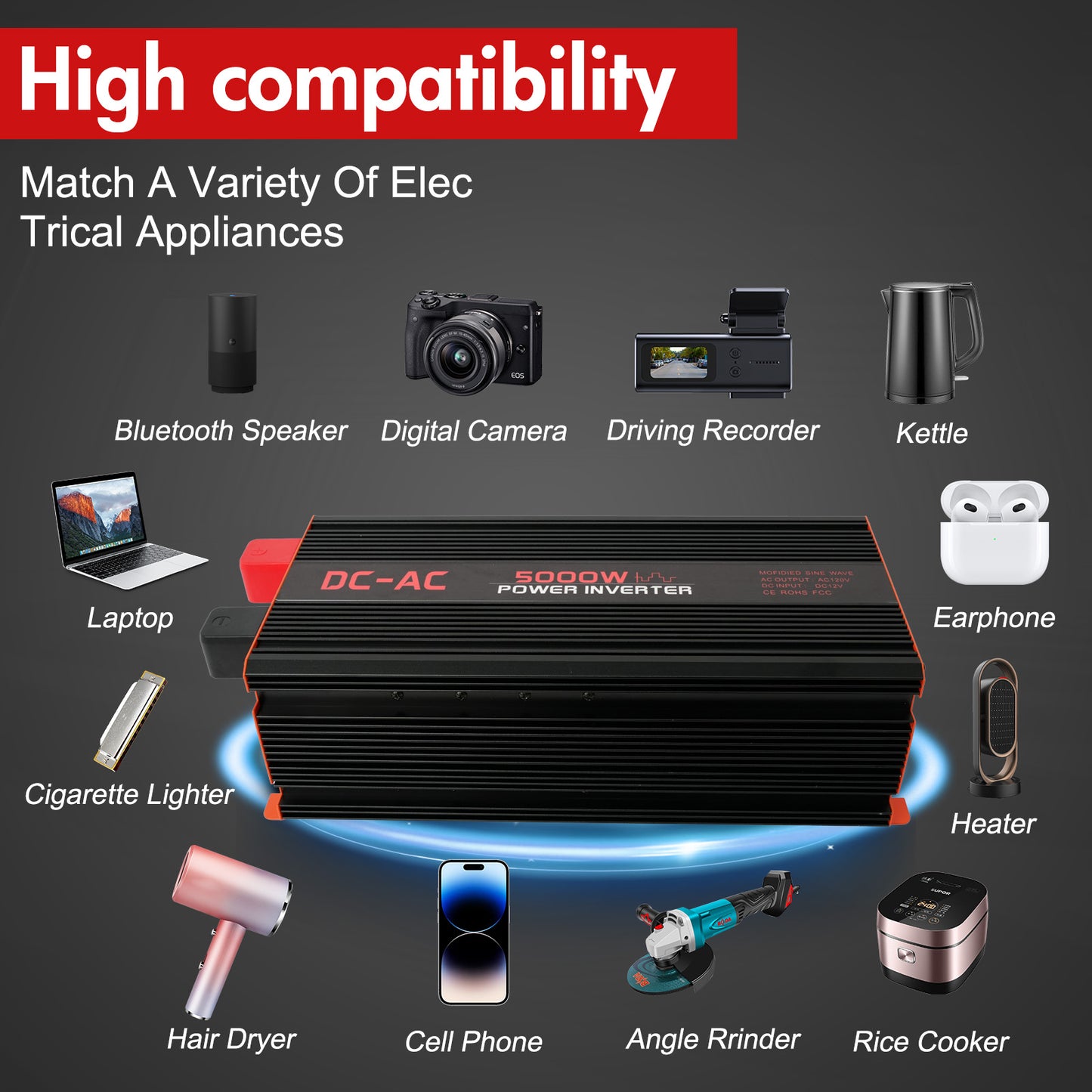 5000 Watt Power Inverter 12V DC to 110V/120V AC Converter Car Inverter with LCD Display