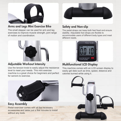 Mini Exercise Bike, Under Desk Bike Pedal Exerciser porable Foot Cycle Arm & Leg Peddler Machine with LCD Screen Displays,Silver
