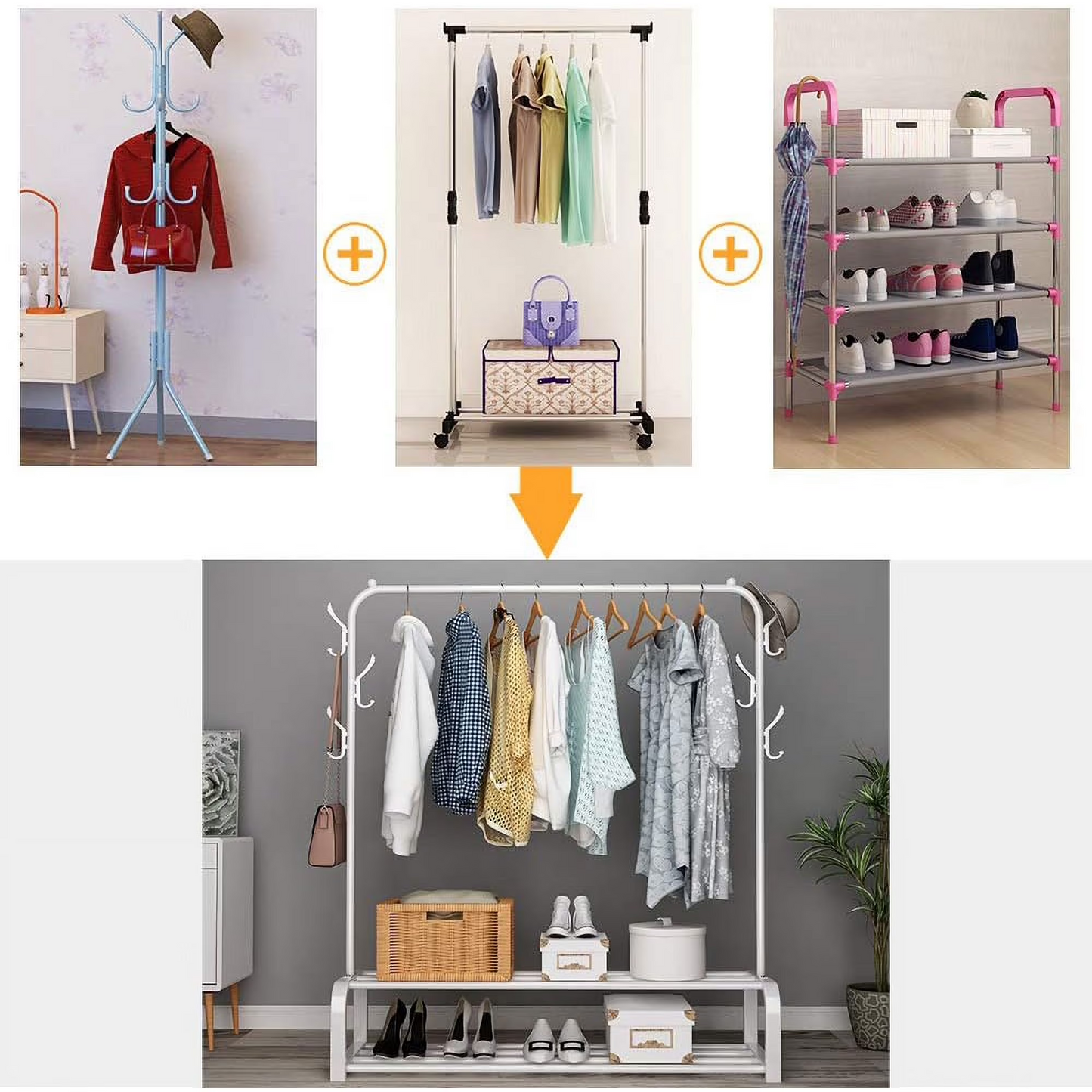 Clothes Rack, Double-Rod Clothing Rack, Garment Rack, For Boxes Shoes Boots Storage, Metal Frame, White