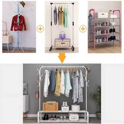 Clothes Rack, Double-Rod Clothing Rack, Garment Rack, For Boxes Shoes Boots Storage, Metal Frame, White