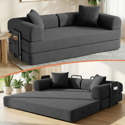 CATGOOD Sectional Couch for Living Room, Convertible Sofa Bed with Soft Corduroy, 78 Inch Modular Futon Couch Free Assembly, Gray