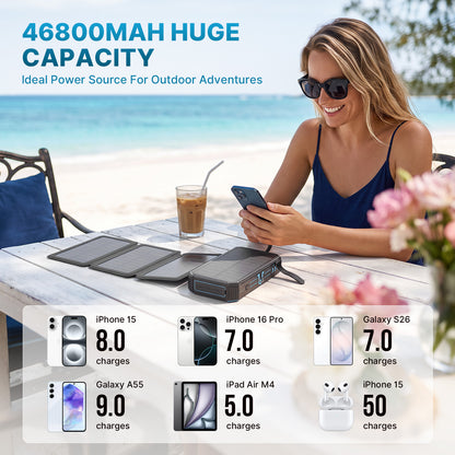 Solar Power Bank 46800mAh, PD15W Fast Charging Solar Charger with 4 Built-in Cables & Wireless Charging, Portable Solar Charger for Cell Phone, Solar Battery Pack for Camping (Blue)