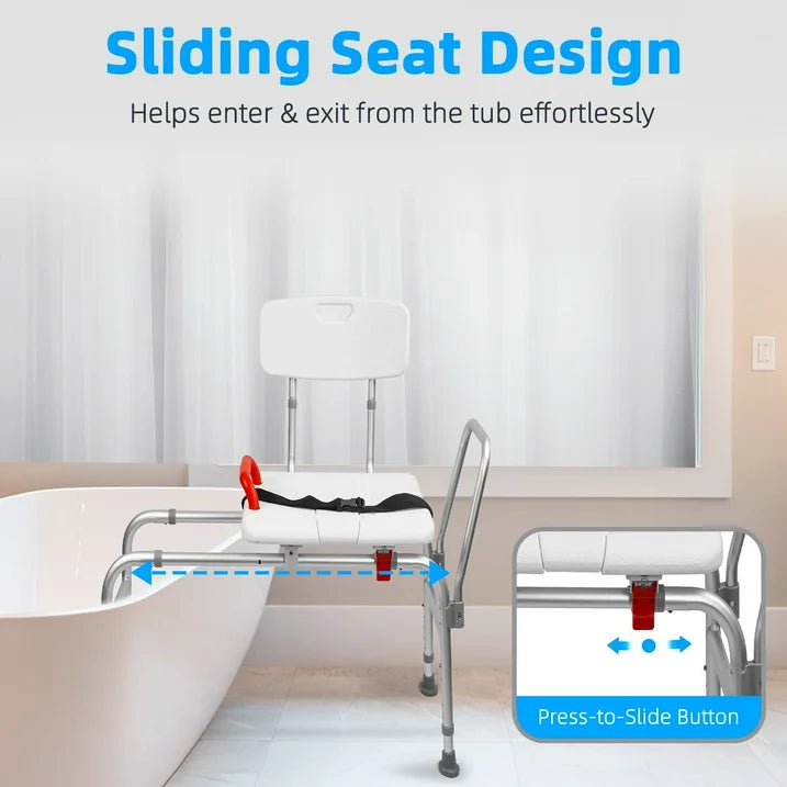 Sliding Shower Chair 320lbs for Elderly and Disabled Adjustable Height with Beige Safety Belt for Safe Showering Suitable for Seniors and Disabled
