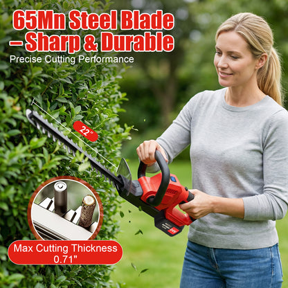 22" Cordless Hedge Trimmer, 21V Electric Hedge Trimmer with 2 x 4000mAh Batteries and Charger, Hedge Trimmer Cordless for Cutting and Trimming Bushes and Shrubs, Red