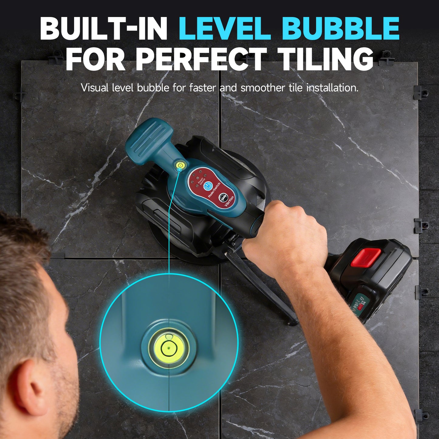 Tile Vibration Leveling Machine, Cordless Tiler Vibration Tool with 5 Adjustable Speed, 2-in-1 Tile Vibration Machine with 5.2in Suction Cup & 176Lbs Adsorption, 2 Batteries