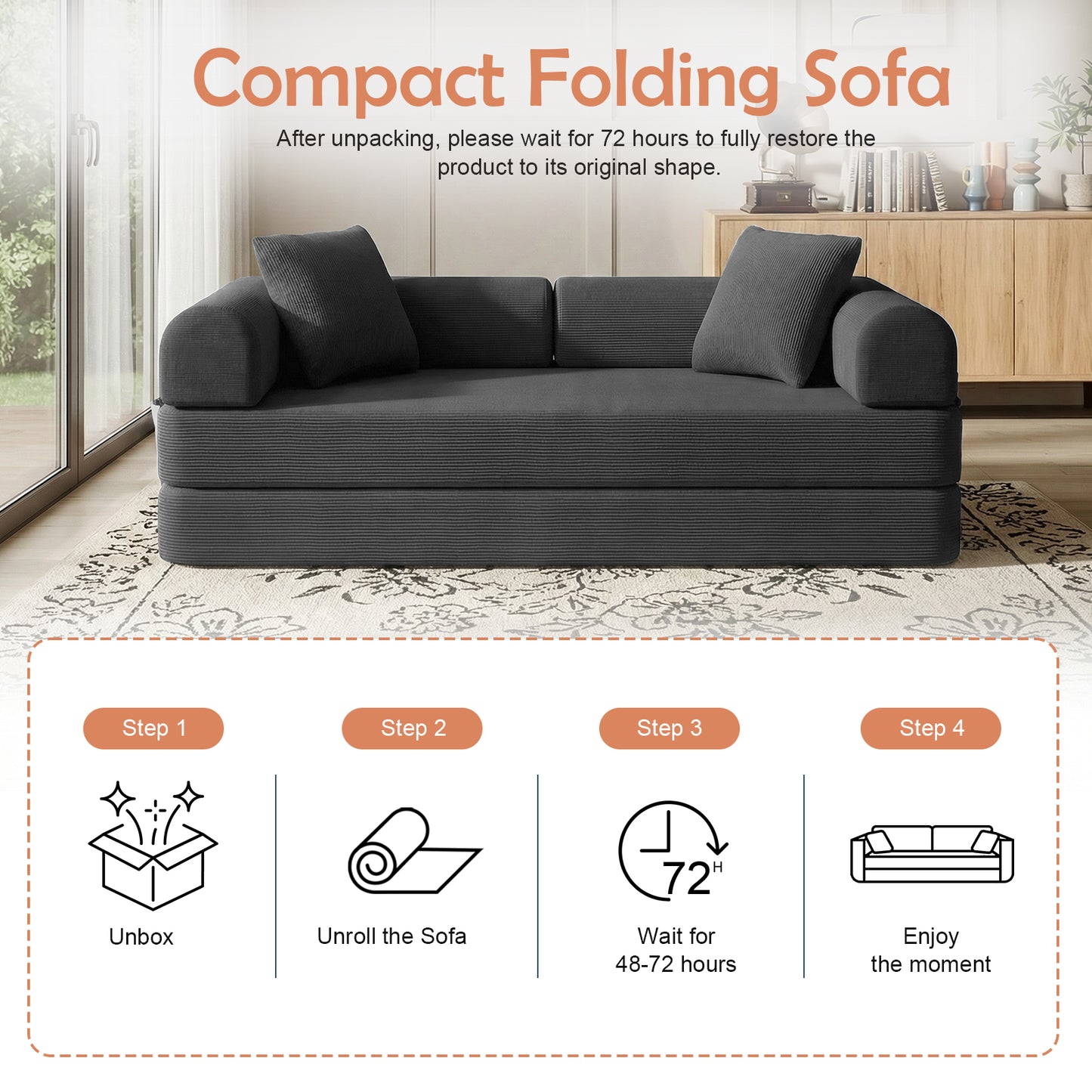 CATGOOD Sectional Couch for Living Room, Convertible Sofa Bed with Soft Corduroy, 78 Inch Modular Futon Couch Free Assembly, Gray