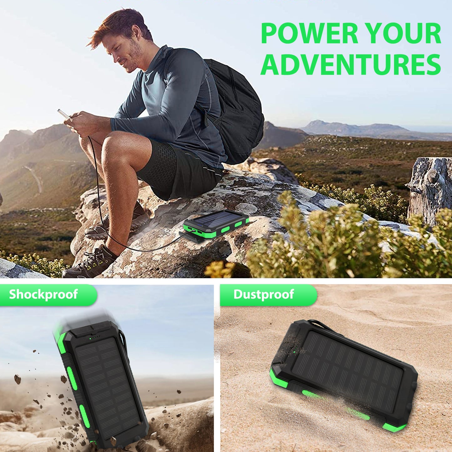 2PK BAOKALER 30000mAh Solar Charger for Cell Phone iPhone, Portable Solar Power Bank with Dual 5V USB Ports, 2 Led Light Flashlight, Compass Battery Pack for Outdoor Camping Hiking(Green)