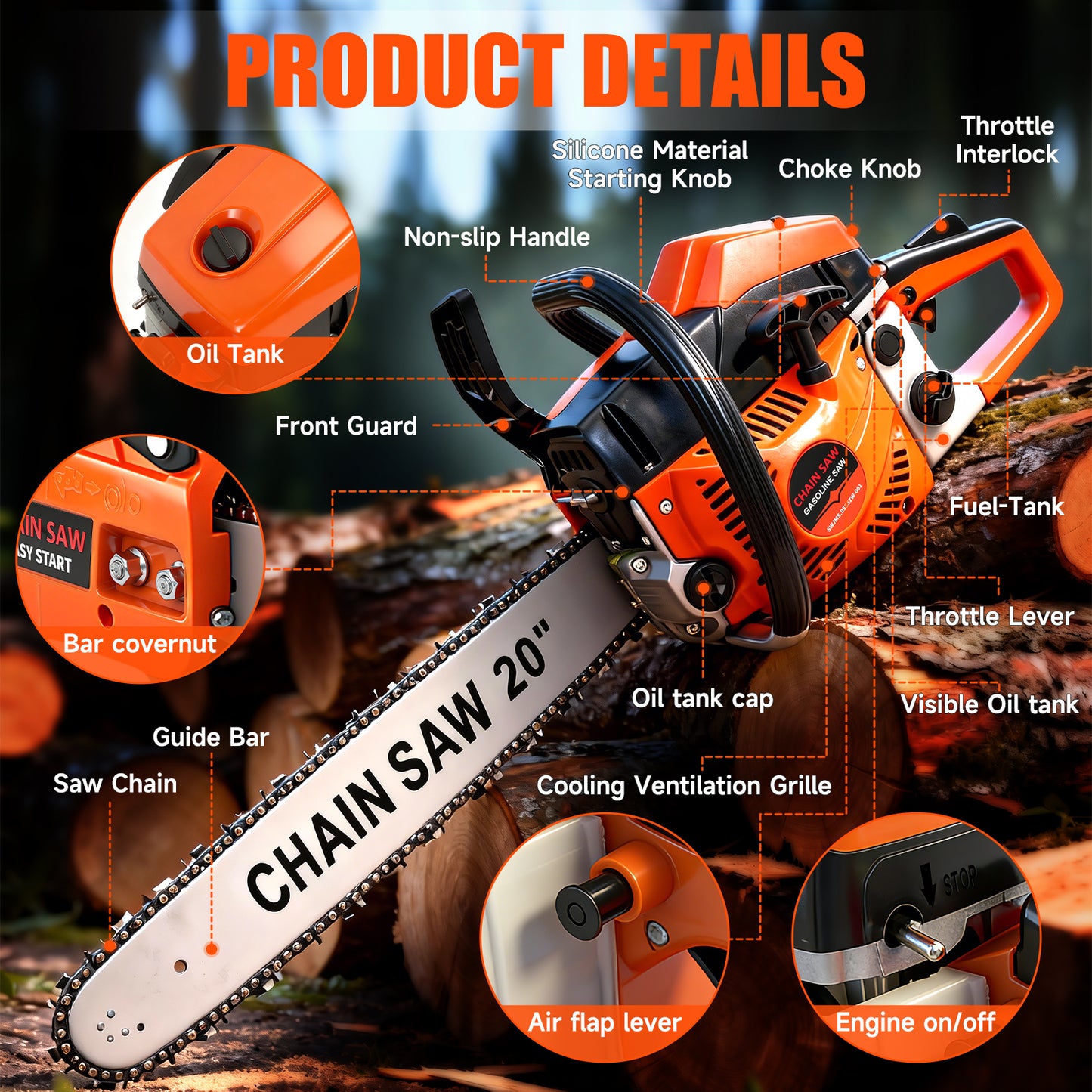 BAOKALER Cordless Gas Chainsaw 20-Inch 62CC, 2-Stroke Engine for Wood Cutting, EPA Certified with 2 Chains, Orange