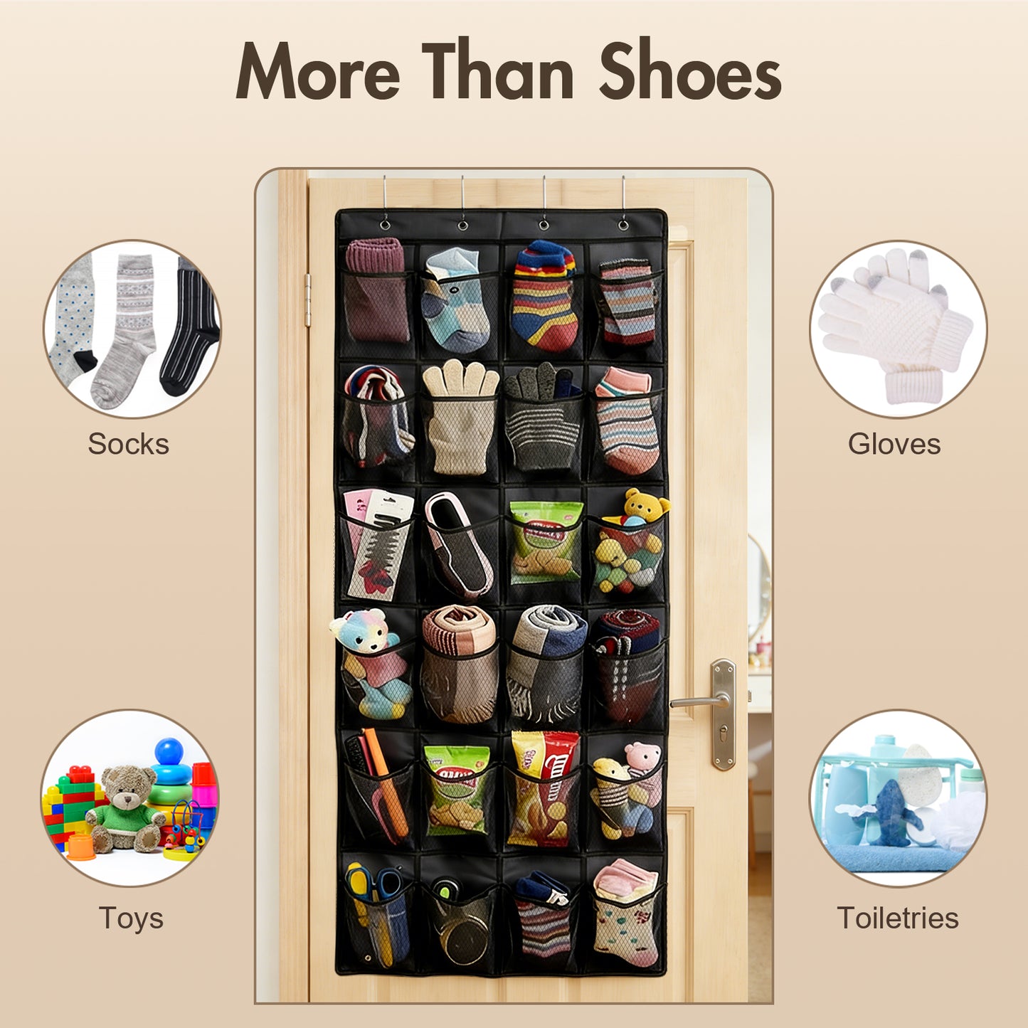 Over The Door Hanging Shoe Organizer, 24 Large Breathable Mesh Pockets, 2 Pack Hanging Shoe Storage Organizer, Black