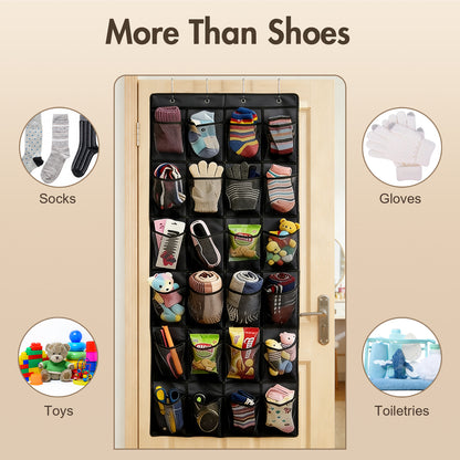 Over The Door Hanging Shoe Organizer, 24 Large Breathable Mesh Pockets, 2 Pack Hanging Shoe Storage Organizer, Black