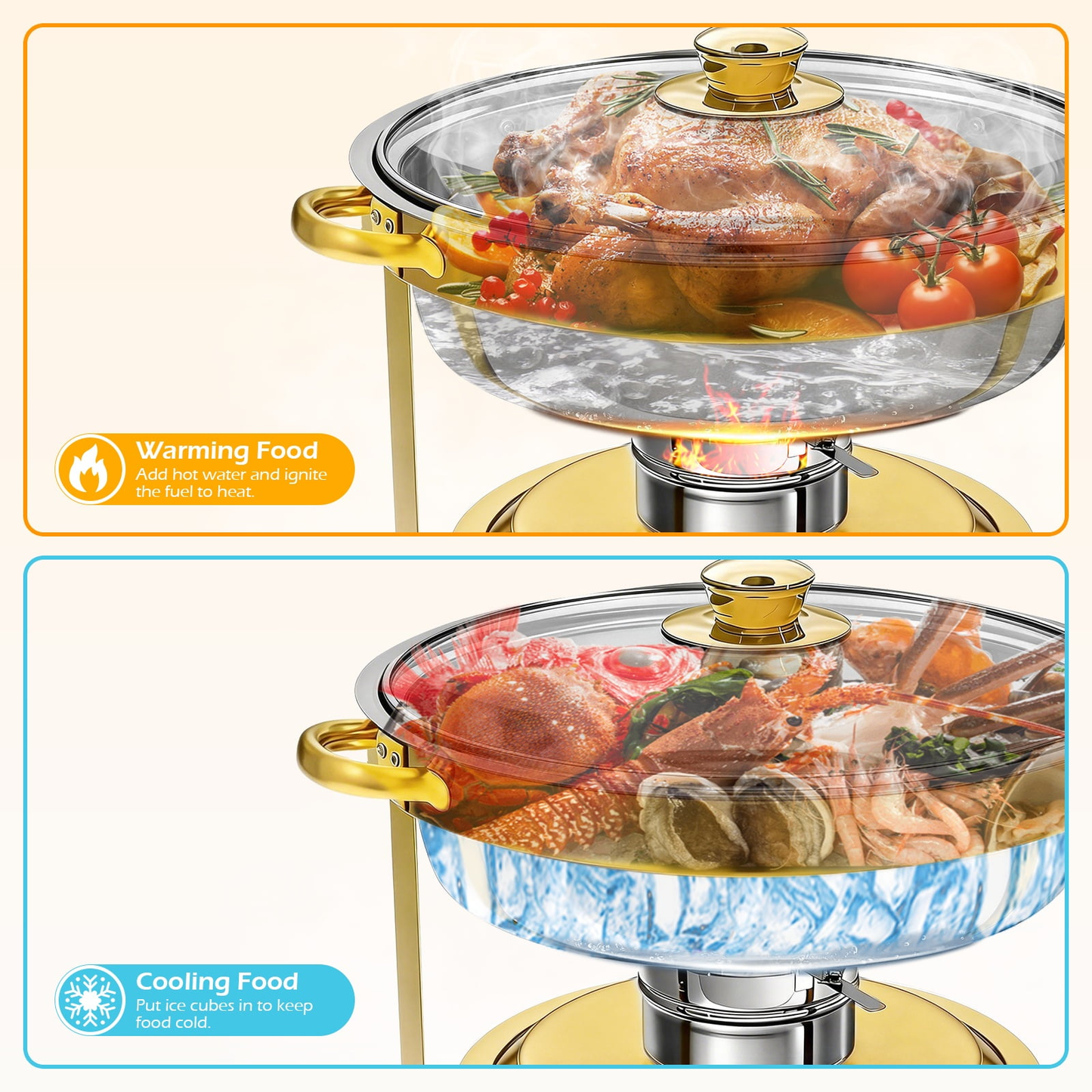 BAOKALER 2 Pack Chafing Dish Buffet Set, 6QT Stainless Steel Food Warmers with Glass Lids & Gold Stands, Buffet Servers for Parties, Weddings, Catering, Home