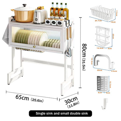 Kitchen Sink Countertop Dustproof Storage Rack, Multifunctional Organizer for Drying Dishes, Glasses, Bowls, and Utensils, White, Length-25.6"