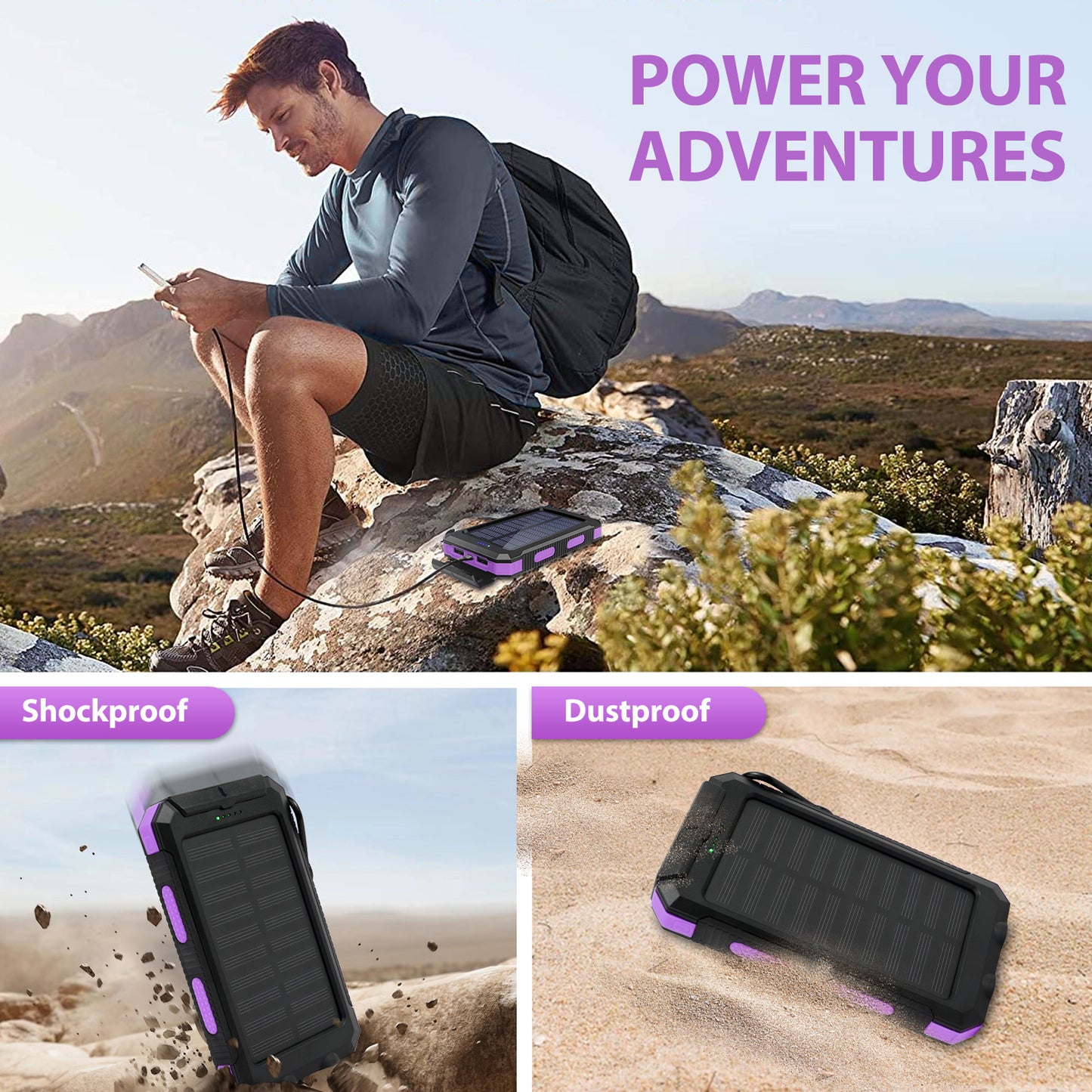 BAOKALER 30000mAh Solar Charger for Cell Phone iPhone, Portable Solar Power Bank with Dual 5V USB Ports, 2 Led Light Flashlight For emergency , Compass Battery Pack for Outdoor Camping Hiking(Purple)