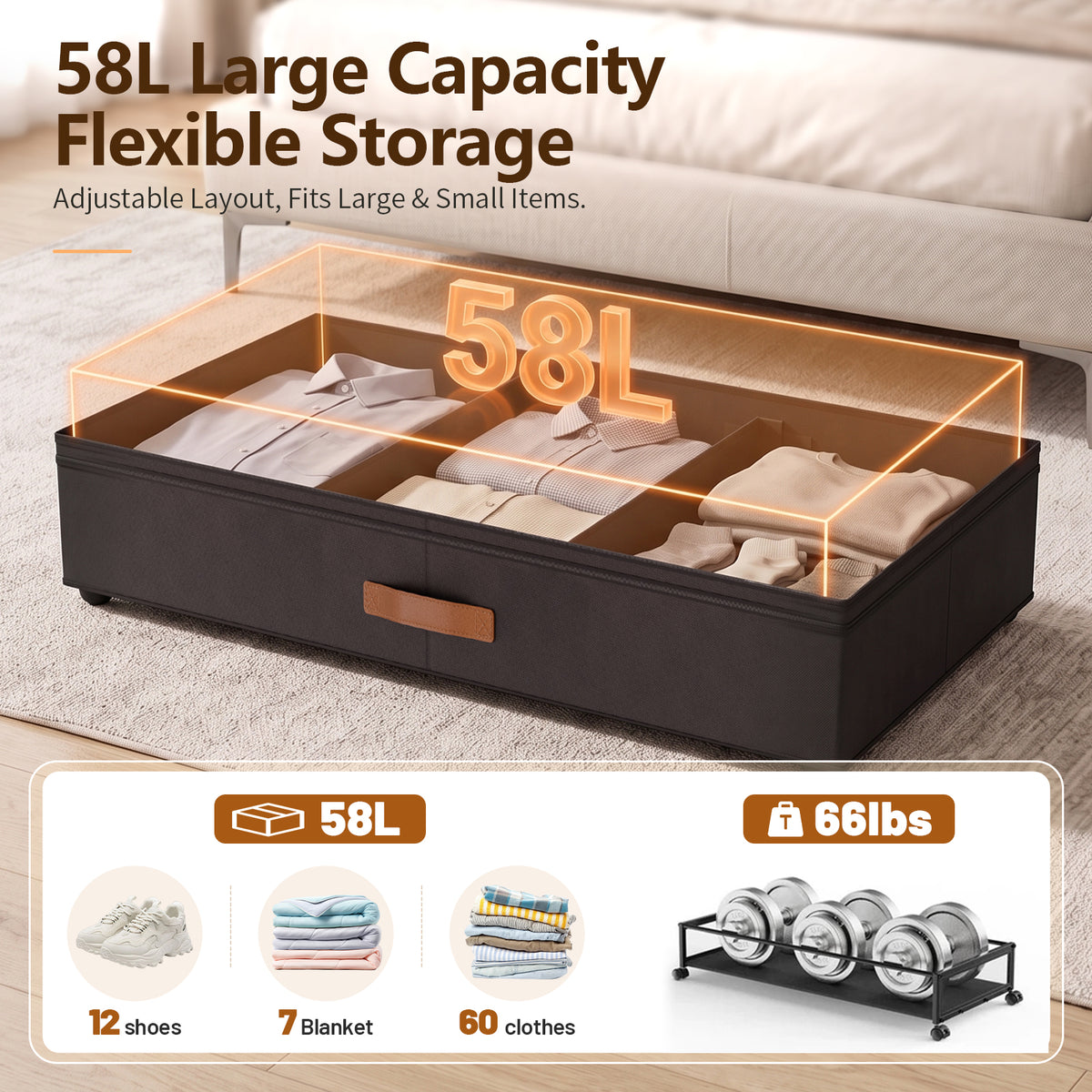 Under Bed Storage with Wheels, 2 Pack Under Bed Storage Containers with Compartments, Underbed Shoe Storage Organizer Bins, Rolling Drawers for Clothes, Blankets, Toys (Black)
