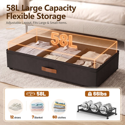 Under Bed Storage with Wheels, 2 Pack Under Bed Storage Containers with Compartments, Underbed Shoe Storage Organizer Bins, Rolling Drawers for Clothes, Blankets, Toys (Black)