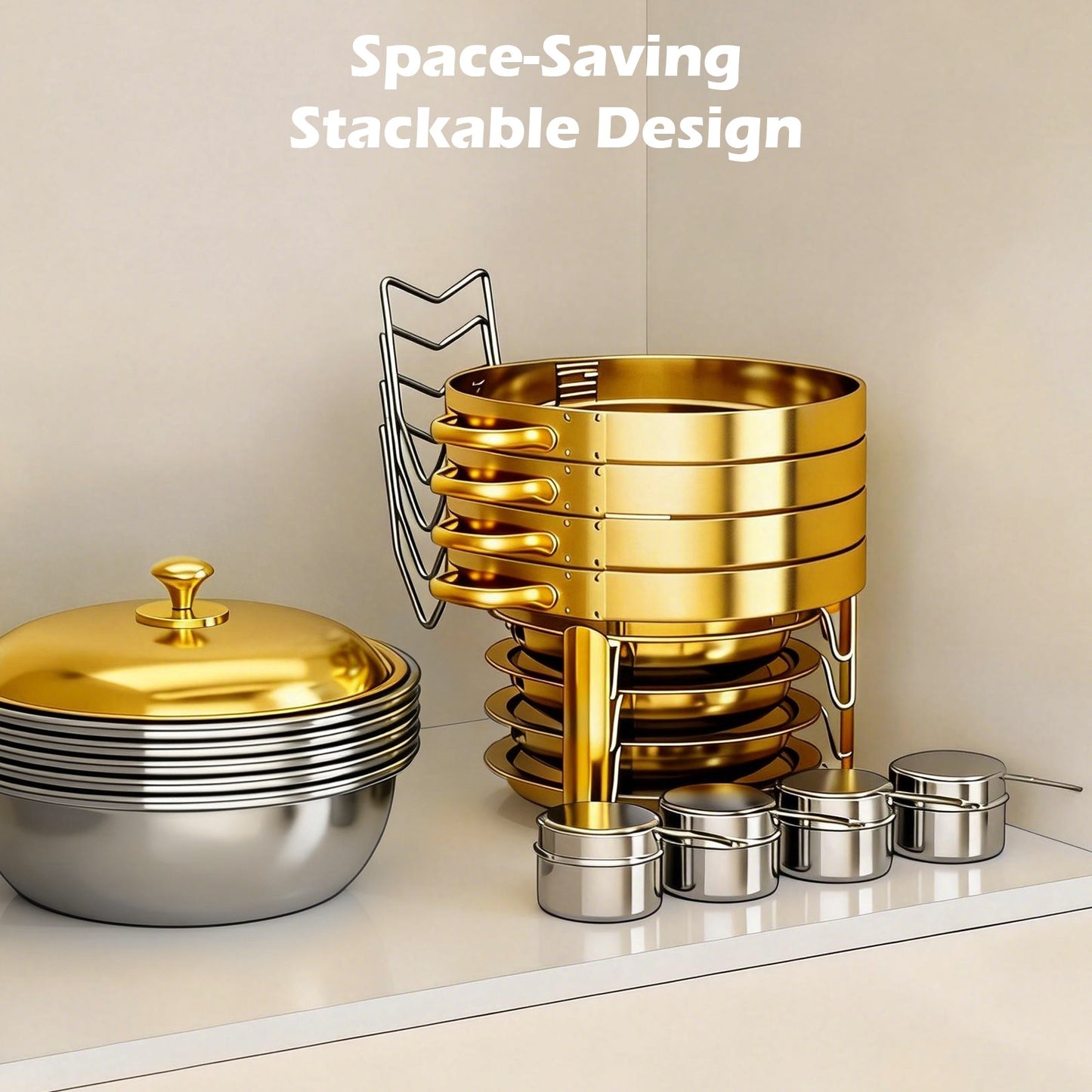 Round Half-Gold Plated Stainless Steel Chafing Dish with Stainless Steel Lid, Buffet Warmer Set, 4-Pack, for Home Gatherings, Christmas Parties, Catering Events