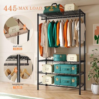Clothing Rack Heavy Duty Clothes Rack for Hanging Clothes Adjustable Wardrobe Closet with 4 Drawers Freestanding Garment Rack for Extra Closet Space, Black