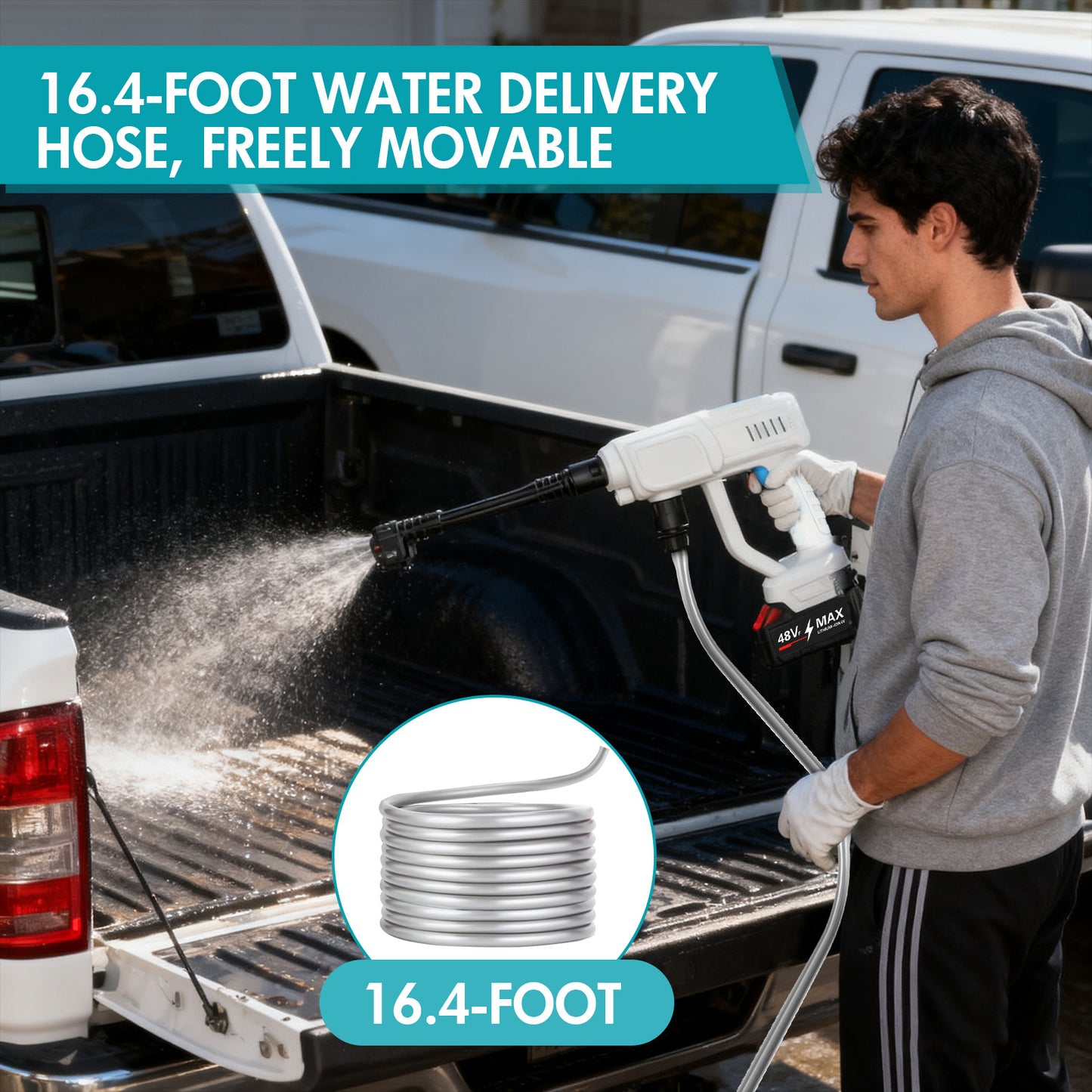 BAOKALER Cordless Pressure Washer, 970PSI Portable Power Washer with 4AH Battery, 6 in 1 Nozzle Electric High Power Washer with Brushless Motor, White