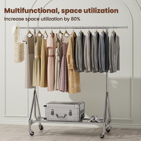 Clothing Rack Hanging Rack Heavy Duty Load 450 LBS, Metal Rolling Clothes Rack, Free Standing Garment Rack with Sturdy Wheels & Shelves, Portable Closet Wardrobe Rack, Sliver