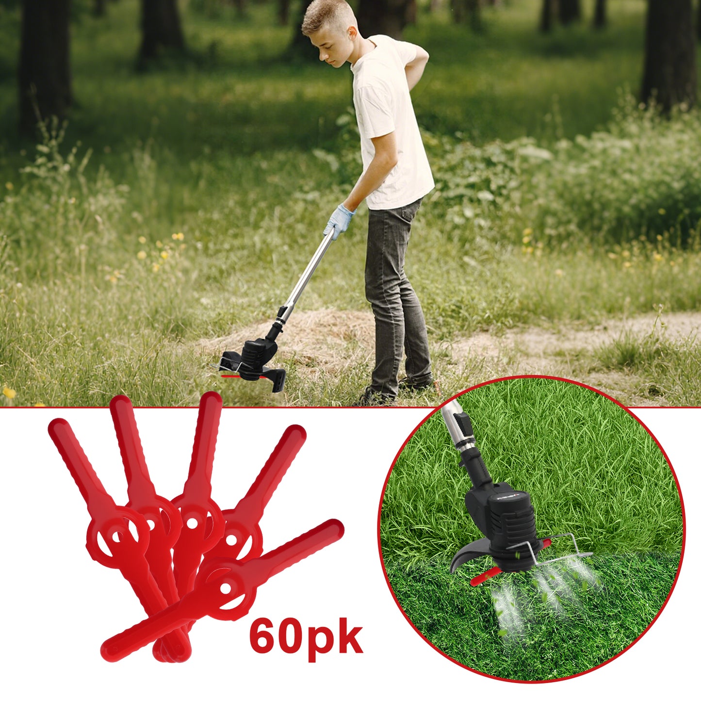 BAOKALER 60 PCS String Trimmer Head Blades Replace, Plastic Weed Trimmer Blades, Weed Wacker Replacement Blades, Machine Trimming Blades, Universal for Mainstream Cordless Grass Trimmer, Red