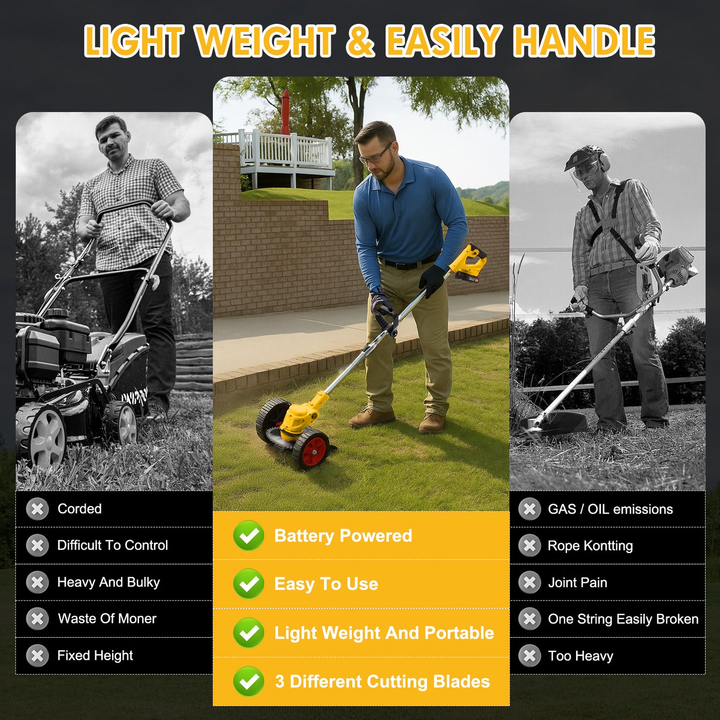String Trimmer Cordless with Wheels, 24V 2000mAh Battery, 11000RPM, 650W, 3 in 1 Stringless Lightweight Brush Cutter/Edger/Mower, Adjustable Cutting Angle & Height for Yard, Garden, Yellow