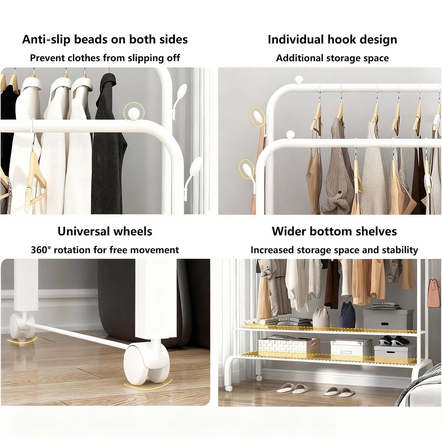 Clothes Rack With Wheels, Portable Clothing Rack With Shelves & Hooks, Heavy Duty Garment Racks for Hanging Clothes, Double Rods Multi-Functional Closet Rack for Bedroom, White