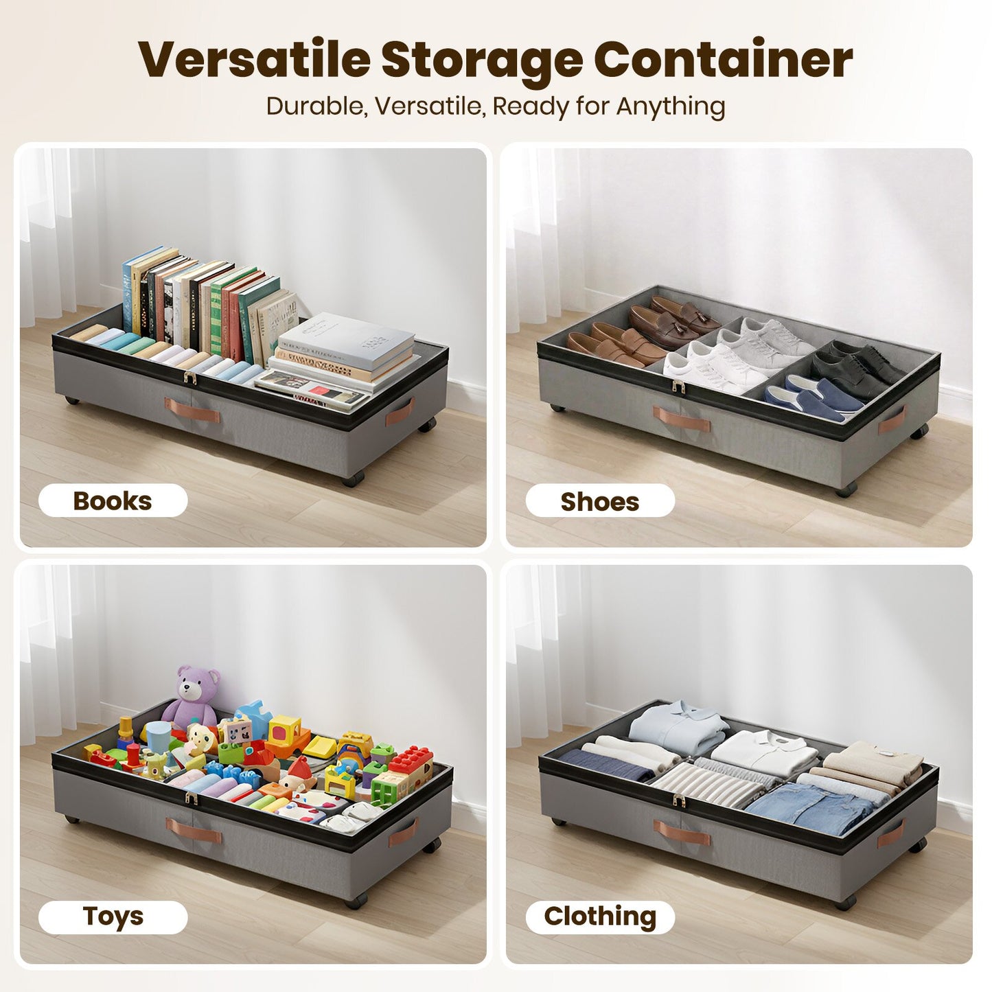 Under Bed Storage with Wheels, 2 Packs Large Underbed Organizer with Lid, 10'' Adjustable Height Shoes Containers Clothes Rolling Bin for Bedroom Dorm, Gray