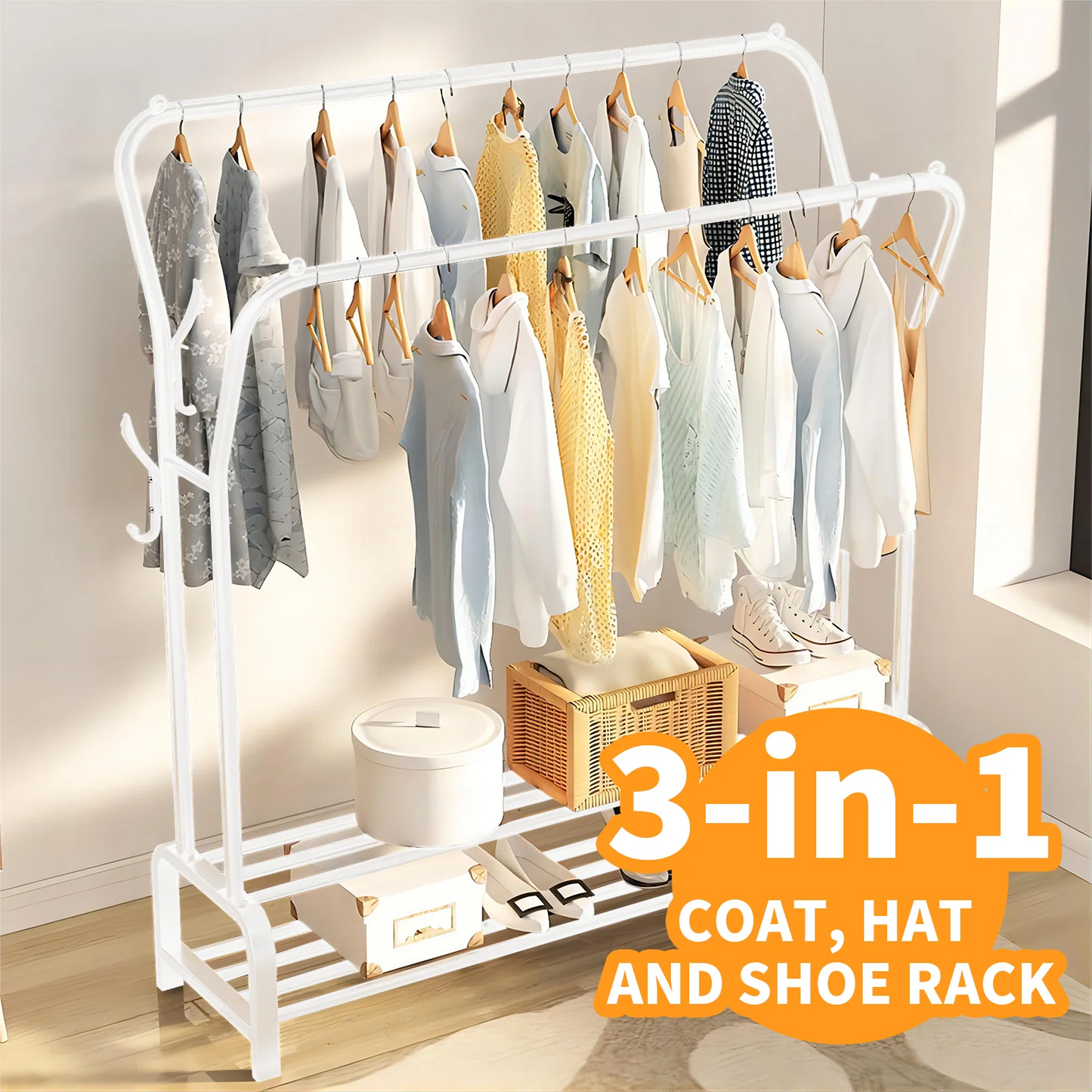 BAOKALER Space Saving Clothes Rack Freestanding Clothing Storage with 6 Hooks, White