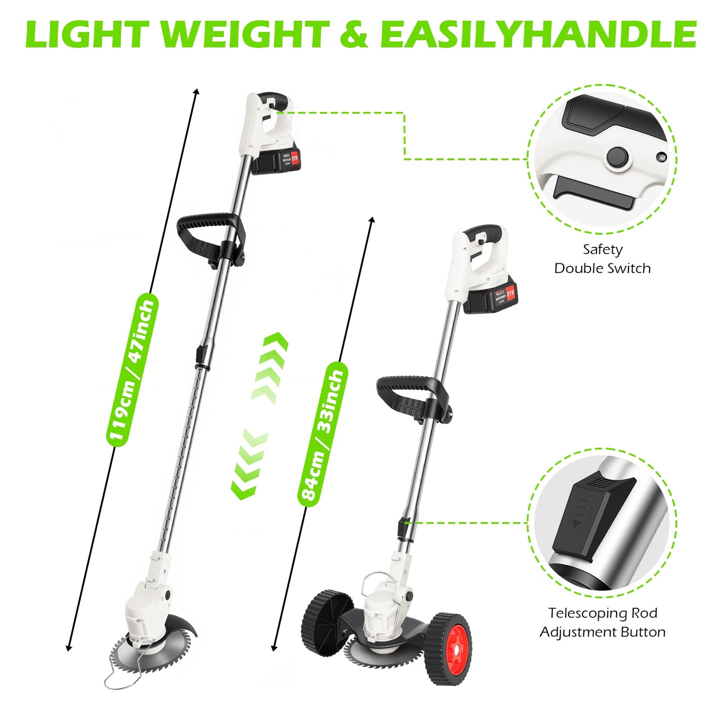 Weed Eaters, Cordless Weed Trimmer with Wheels, 2Pcs 4000mAh Batteries, Adjustable Length, 650W Grass Trimmer/Edger/Brush Cutter for Lawn Yard Garden Maintaining (White)