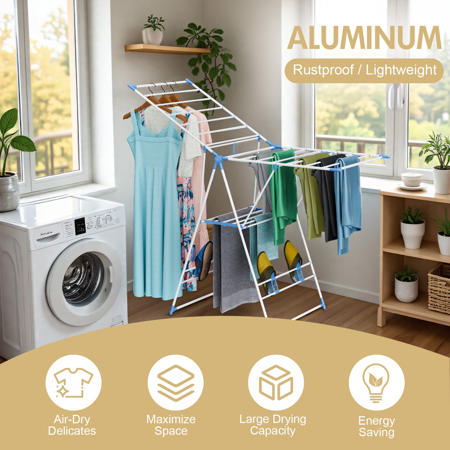 Clothes Drying Rack, 2 Level Foldable Laundry Rack, Rustproof Laundry Clothing Drying Hanger with Height-Adjustable Wings, Space Saving Clothes Garment Dryer, Blue