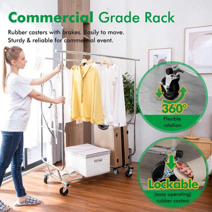 Baokaler 620 lbs Heavy Duty Garment Rack with Shelves Collapsible Clothing Racks on Wheels Rolling Clothes Rack for Hanging Clothes Portable Adjustable, Chrome Finish
