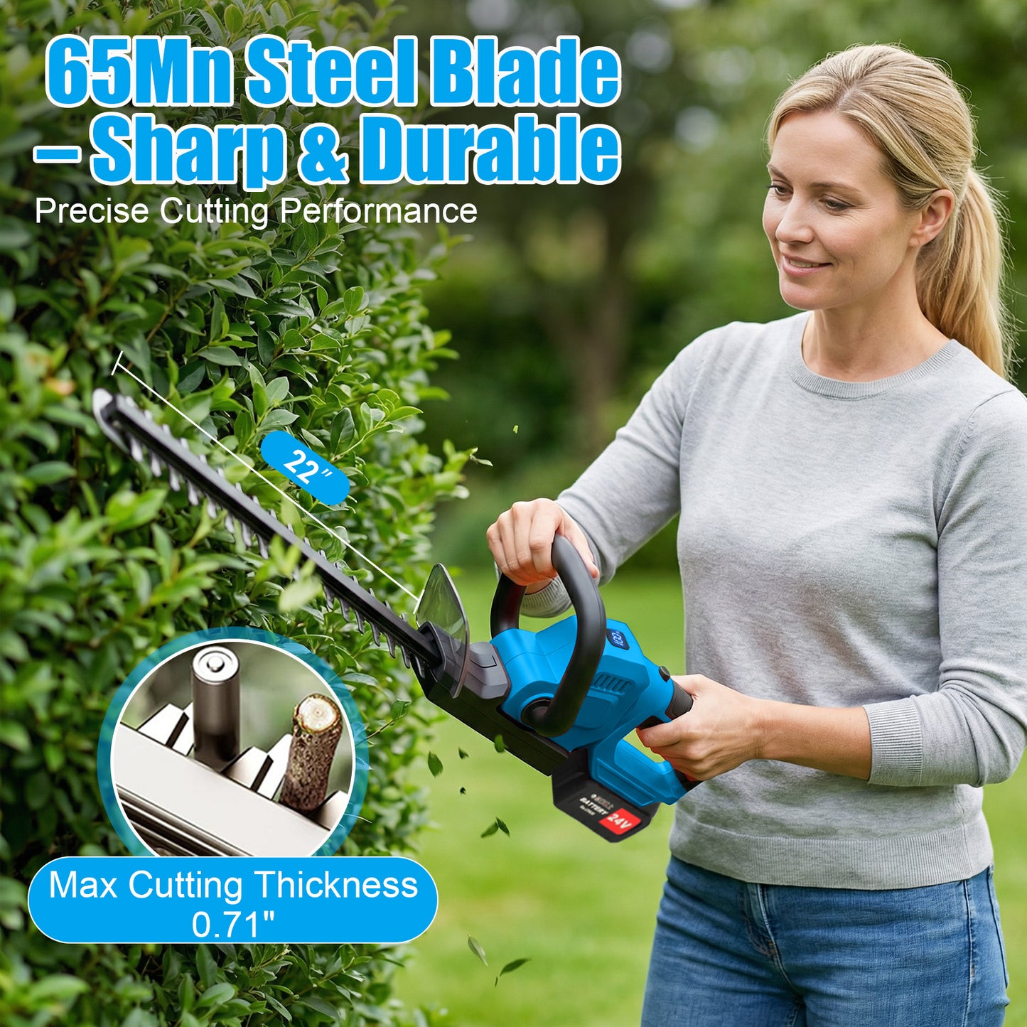 22" Cordless Hedge Trimmer with 180～ Rotatable Head, 21V Electric Bush Trimmer with 2 x 4000mAh Batteries, 1000W 24000r/min Motor, 66Mn Steel Blade for Garden Yard, Blue