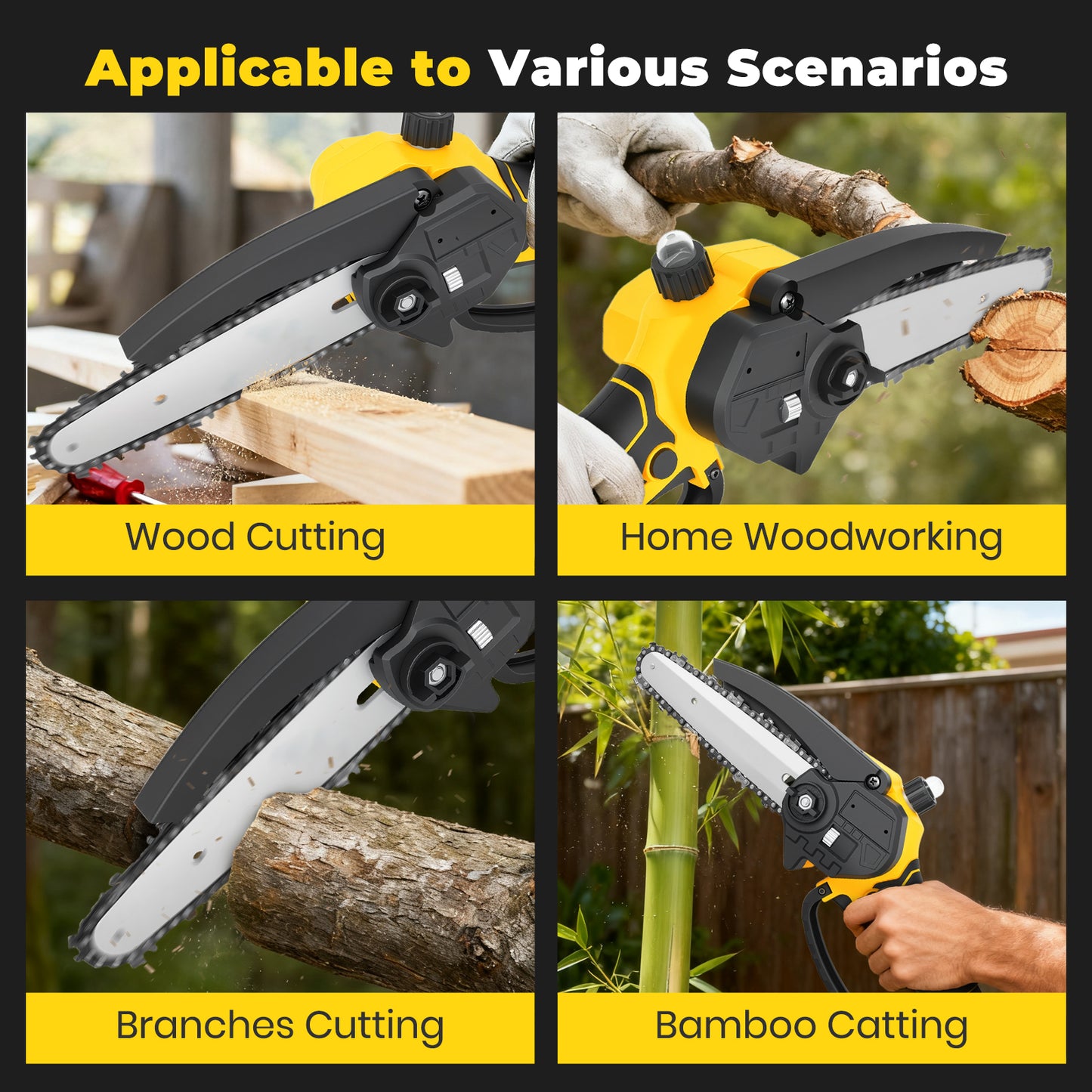 Mini Chainsaw Cordless, 6 inch & 4 inch Portable Electric Chainsaw with 2 Rechargeable Batteries and 3 Chains, for Tree Trimming Wood Cutting, Best Gifts for Father, Dad, Husband, Men, Yellow