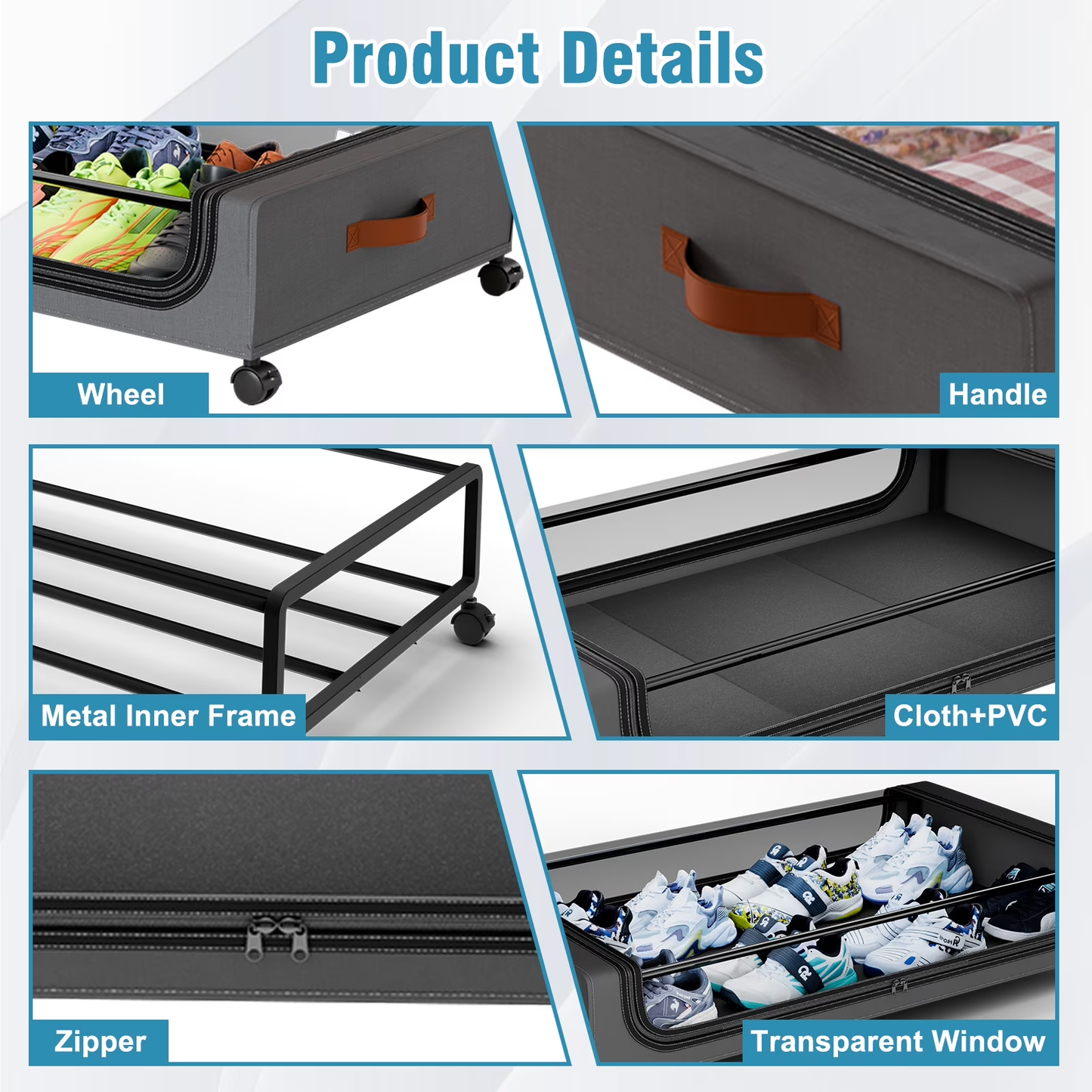 Under Bed Storage with Wheels, 2Pack Under Bed Storage Containers, Under Bed Shoe Storage Organizer, Rolling Under Bed Metal Drawer for Clothes, Blankets,Gary，31 x 17 x 7.2 inches
