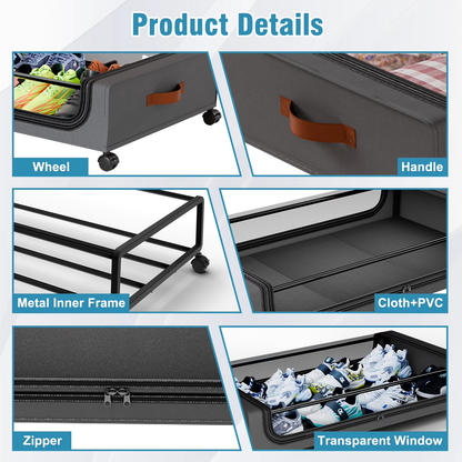 Under Bed Storage with Wheels, 2Pack Under Bed Storage Containers, Under Bed Shoe Storage Organizer, Rolling Under Bed Metal Drawer for Clothes, Blankets,Gary，31 x 17 x 7.2 inches