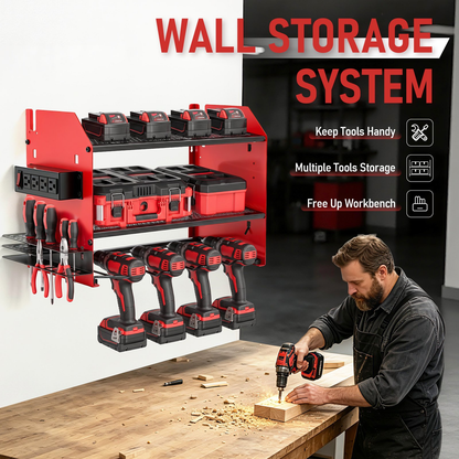 Power Tool Organizer Wall Mount with 4 Charging Station, 3 Layer Heavy Duty Metal Power Tool Storage Rack Loads 200lbs with 4 Cordless Drill Holder for Garage(Red)