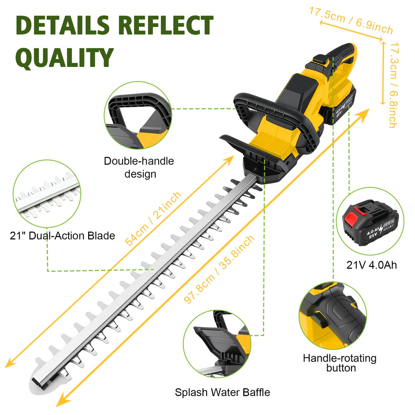 Baokaler 22" Cordless Hedge Trimmer, 21V Dual Action Blade Electric Bush Shrub Trimmer, 4.0Ah Battery & Charger, Yellow