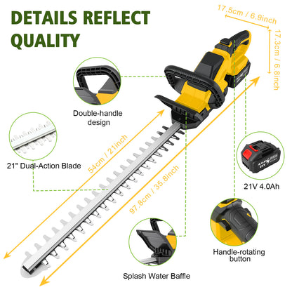 Baokaler 22" Cordless Hedge Trimmer, 21V Dual Action Blade Electric Bush Shrub Trimmer, 4.0Ah Battery & Charger, Yellow