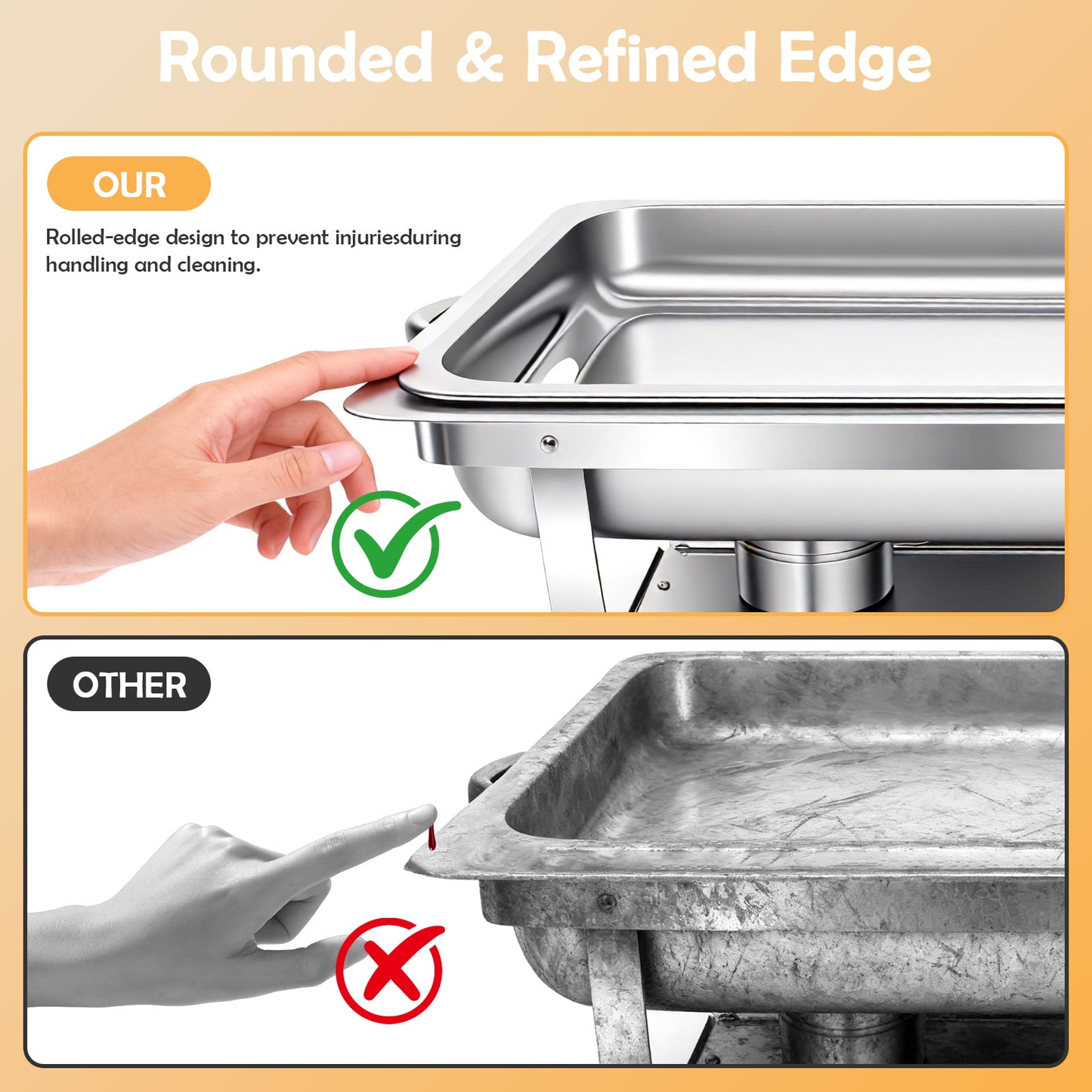 BAOKALER 9QT Chafing Dish Buffet Set with 4 Food Tongs , Foldable Full Size Buffet Server Food Warmer, Stainless Steel Catering Supplies for Party, Banquet, Caterying, Rectangular, Silver, 4 Pack
