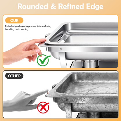 BAOKALER 9QT Chafing Dish Buffet Set with 4 Food Tongs , Foldable Full Size Buffet Server Food Warmer, Stainless Steel Catering Supplies for Party, Banquet, Caterying, Rectangular, Silver, 4 Pack