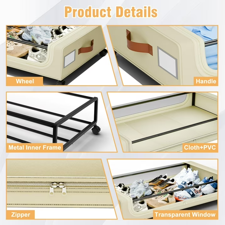 Under Bed Storage with Wheels, 2-Pack Under Bed Storage Containers with Clear Lids, Under the bed storage Organizer Bins, Rolling Under Bed Metal Drawer for Clothes,Shoes,Toys (White, 4Pack)