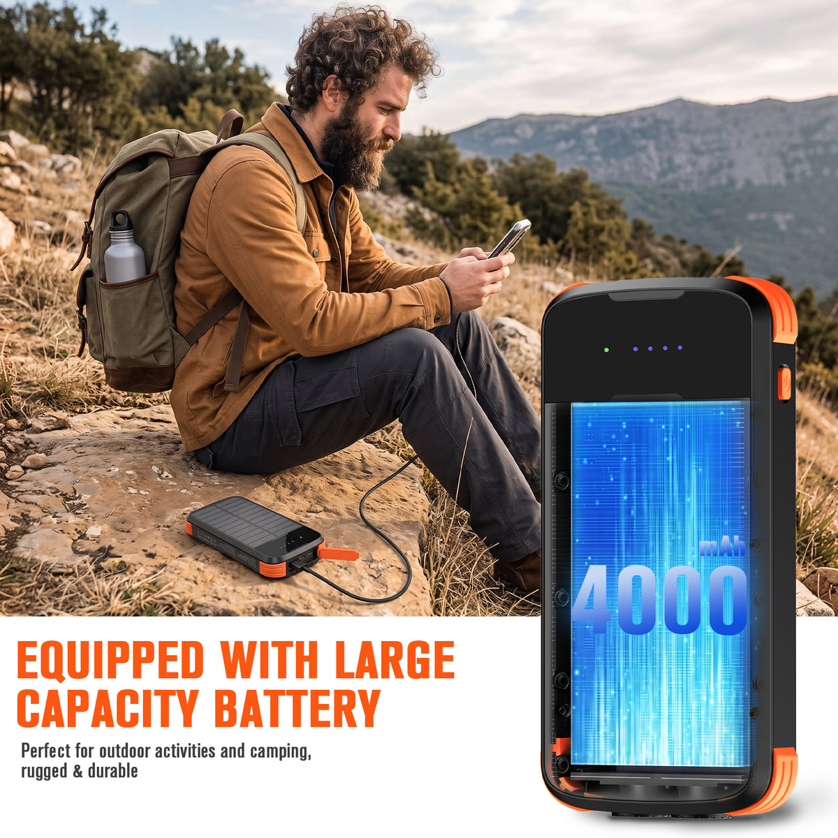 40000mAh Solar Power Bank Orange, Portable Charger 20W PD Fast Charging, Solar Charger Power Bank W/4 Built-in Cables & 9 Charging Ways, Waterproof Dual LED Flashlights for Camping Hiking