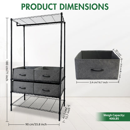 71"H Heavy Duty Clothes Rack, Max Load 445 LBS, Freestanding 3-Tier Wire Garment Rack for Hanging Clothes with Shelves, Closet Organizers and Storage Metal Closet Wardrobe System, Black