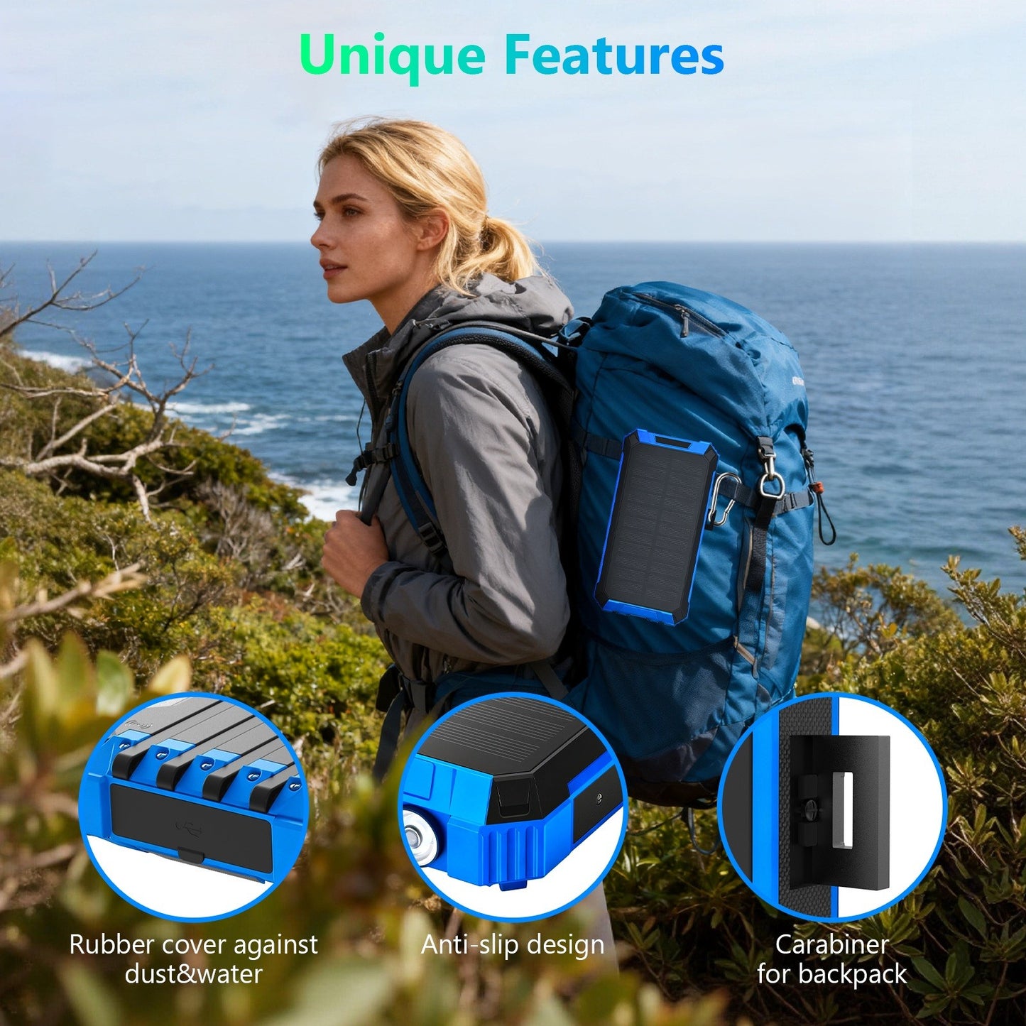 2PK Power Bank Wireless Charger 46800mAh Built in 4 Cables Six Outputs 15W Fast Charging Power Bank for All Mobile Devices Three Inputs Solar Portable Charger with Dual Flashlights, Carabiner(Blue)
