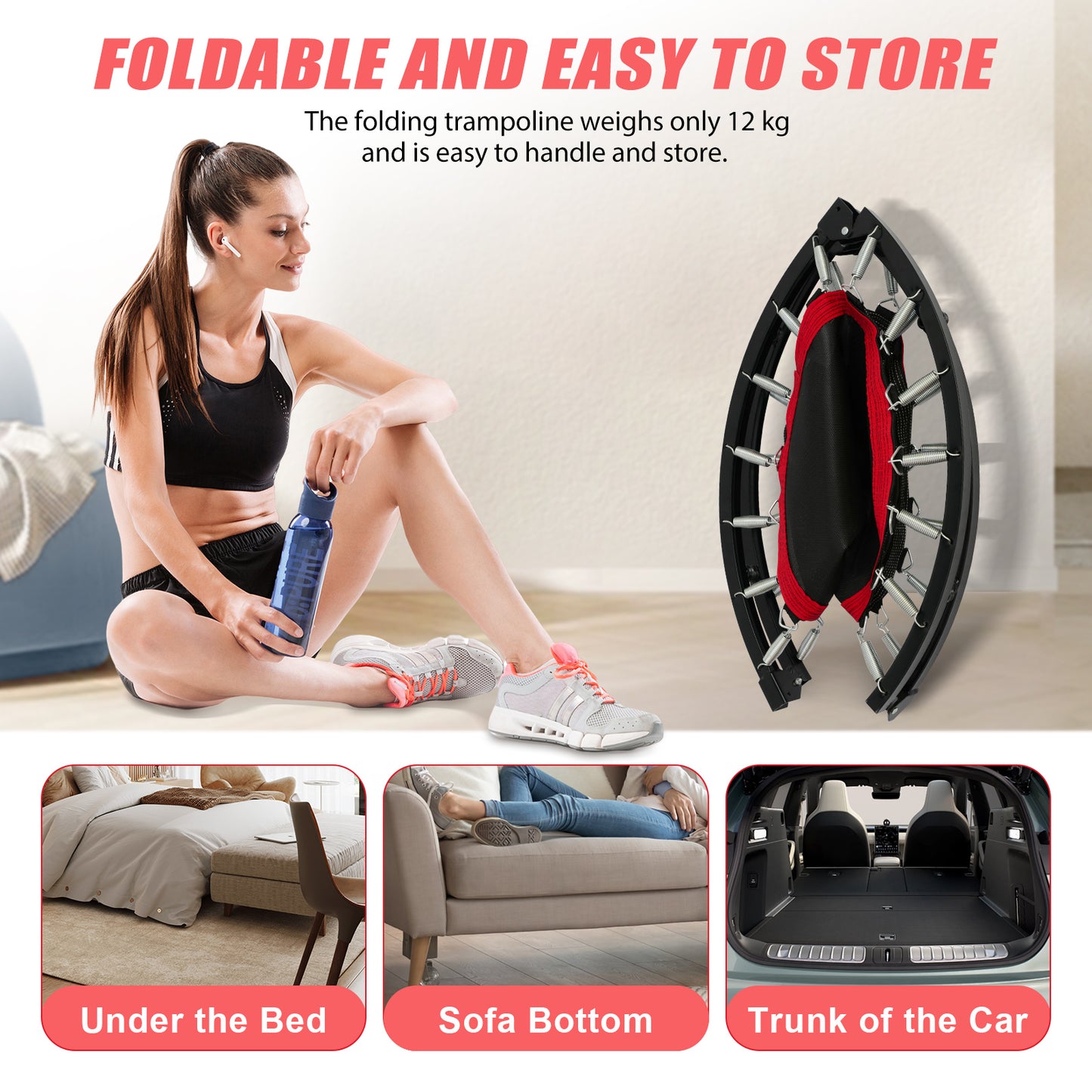 48" Exercise Mini Trampoline, Fitness Rebounder Trampoline for Adults with Adjustable Foam Bar, 330lb, Indoor Trampoline for Adults/Kids