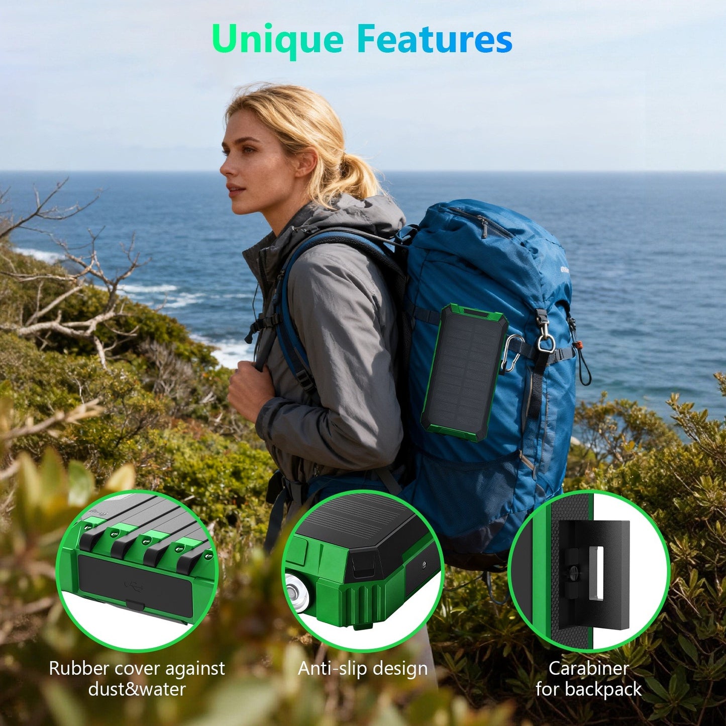 2PK Power Bank Wireless Charger 46800mAh Built in 4 Cables Six Outputs 15W Fast Charging Power Bank for All Mobile Devices Three Inputs Solar Portable Charger with Dual Flashlights, Carabiner(Green)