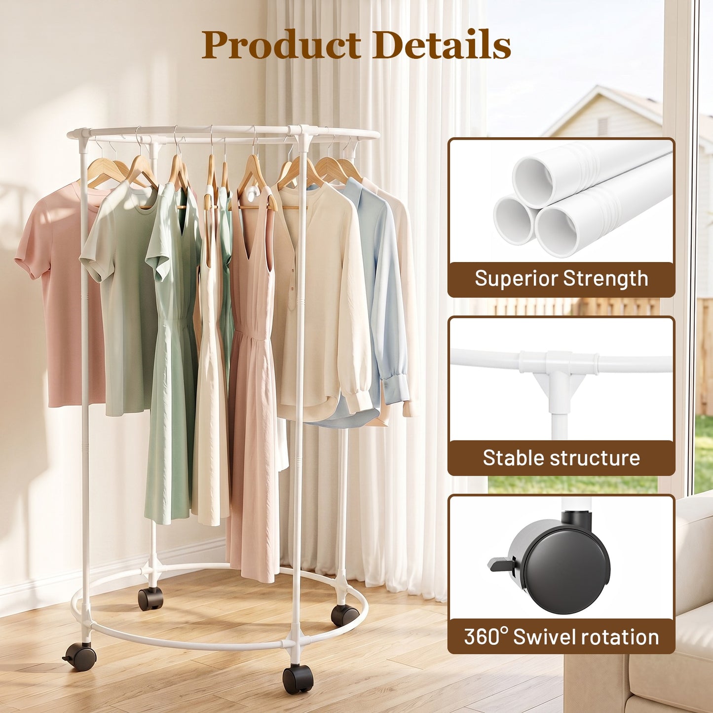 Clothes Rack, Rolling Round Garment Rack with 4 Universal Wheels and Shelf, Floor-Standing Clothes Hanging Rack for Bedroom, White
