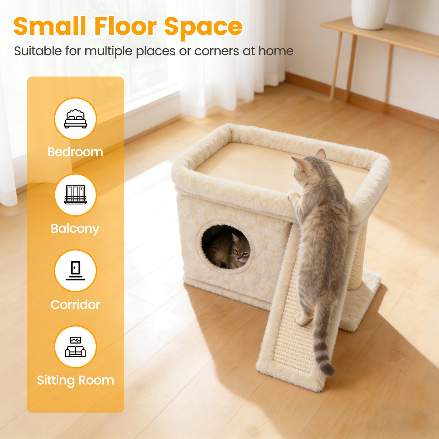 Cat Tree Tower with Perch Bed and Washable Top, Cat Tree with Sisal Scratching Posts, Condos, Plush Perches, Hanging Cat Toys, Extended Platform for Cats to Play and Sleep, Beige