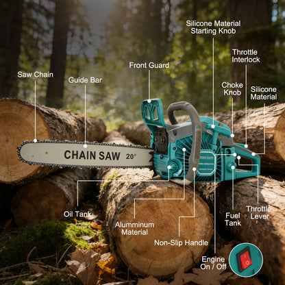 BAOKALER 10700 RPM 2-Cycle 62CC Heavy Duty Chainsaw, 20-Inch Gas Chainsaw, 3.4HP Powerful Chainsaws, for Farm/Garden/Ranch/Heavy-Duty Wood Cutting