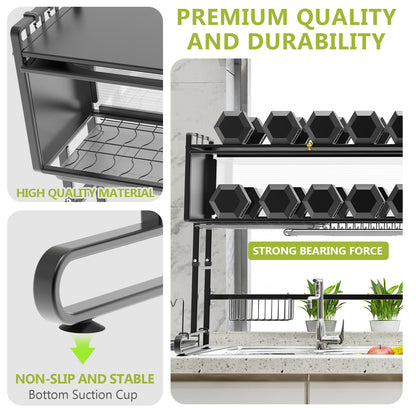 ALSO GO 3-tier Over The Sink Dish Drying Rack, Large Capacity Dish Rack with Cover, Expandable Length & Height, Adjustable Metal Dish Drainer for Kitchen Counter, Space-Saving, Black